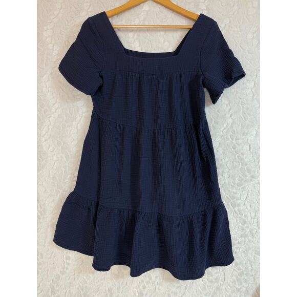 Rails Valentina Square Neck Navy Blue Cotton Gauze Tiered Ruffled Mini Dress XS - Picture 2 of 9